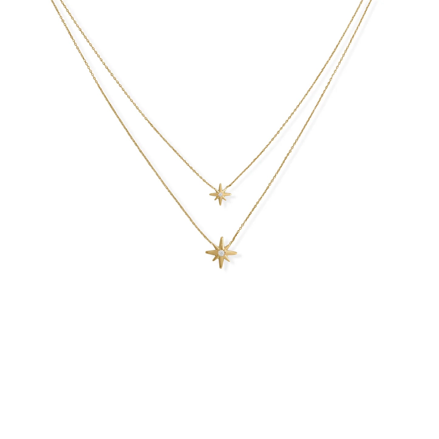 16"/17"+2" 14 Karat Gold Plated Two Strand CZ Star Necklace