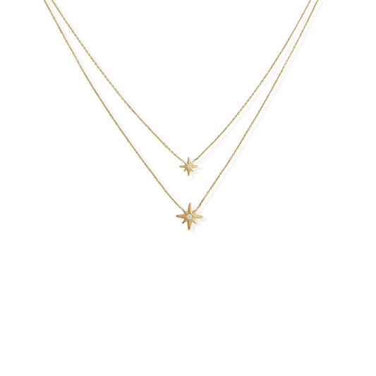 16"/17"+2" 14 Karat Gold Plated Two Strand CZ Star Necklace