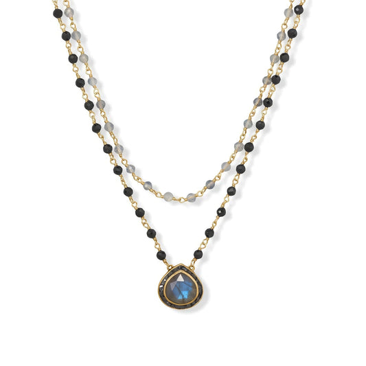 14K Gold Plated Sterling Silver Double Strand Necklace, Labradorite, Black Onyx Beads, Diamond Pendant, 19-20 Inch with 2 Inch Extension