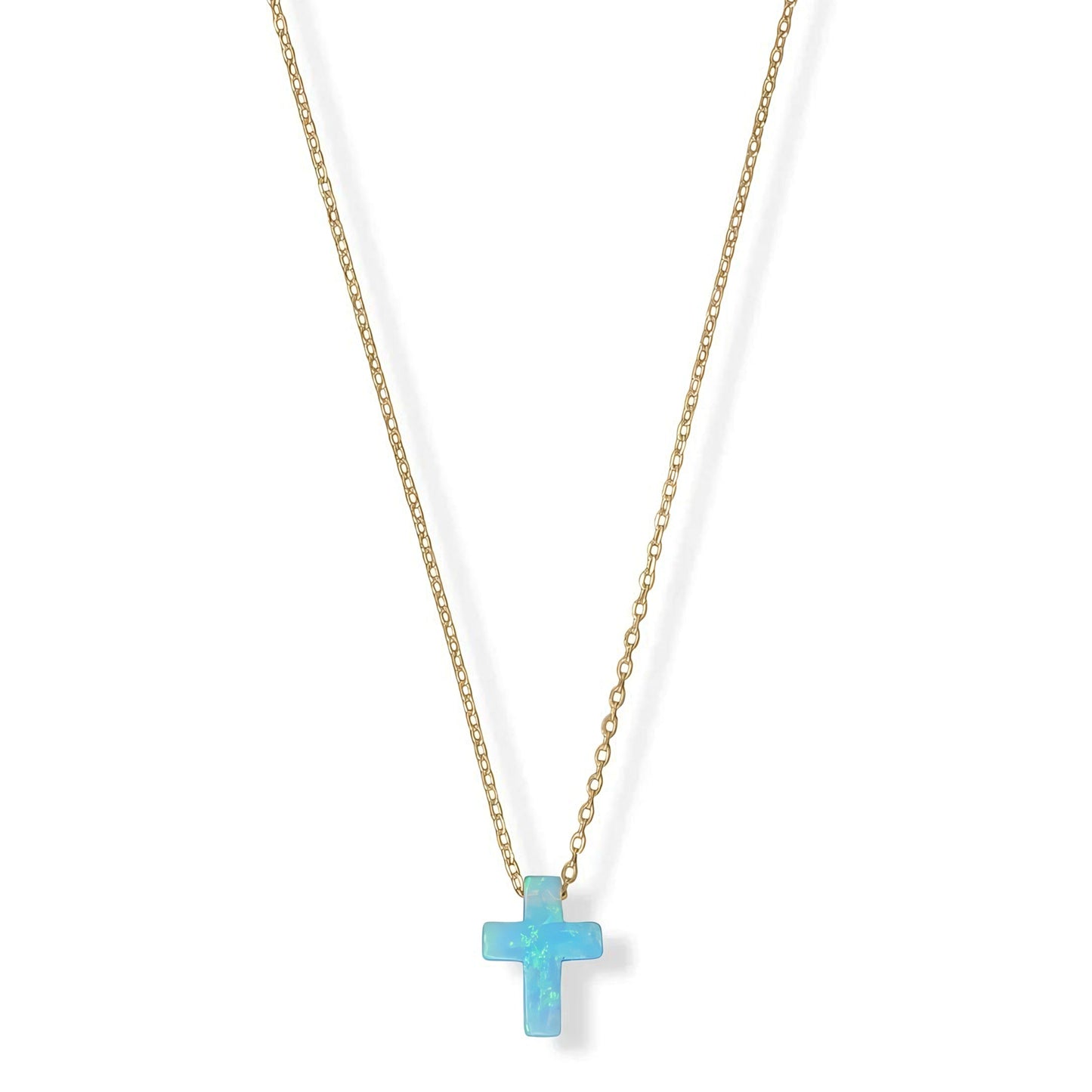 Opal Cross Necklace 14K Gold Plated 925 Silver Blue Synthetic 9mm 16+2