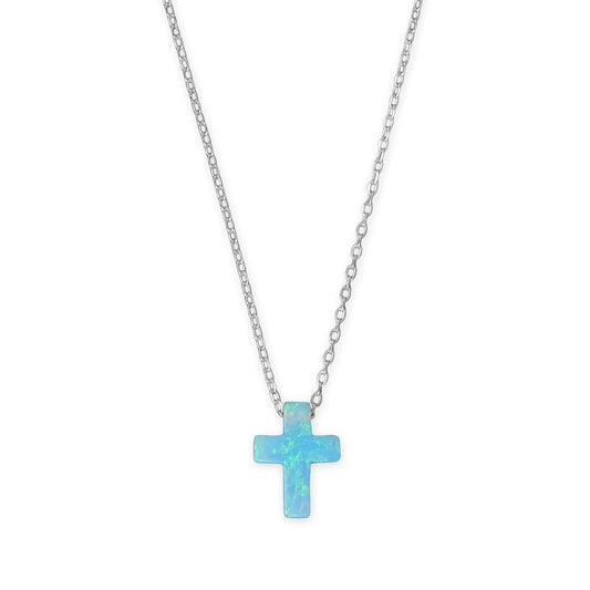 Opal Cross Necklace Rhodium 925 Sterling Silver Blue Synthetic 9mm 16+2