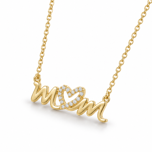 CZ Mom Heart Necklace 14K Gold Plated 925 Silver 25.5x8.5mm 1.8mm CZ 16+2in