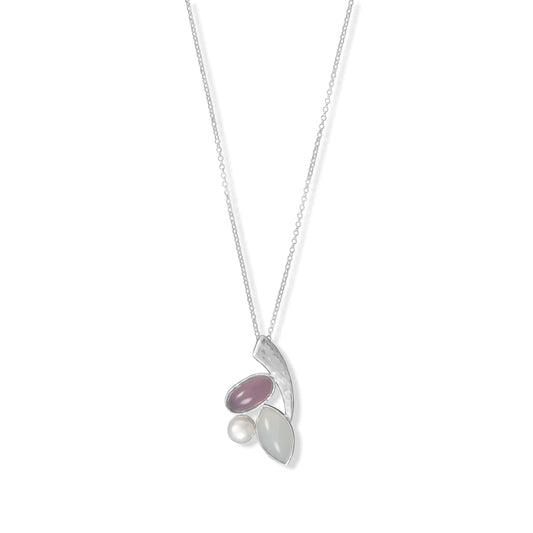 Multi-Stone Necklace - Sterling Silver Moonstone Pearl Chalcedony Pendant