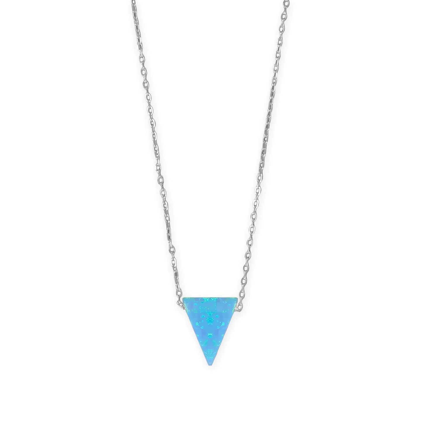 Opal Triangle Necklace Rhodium 925 Silver Blue Synthetic 9.5mm 16+2