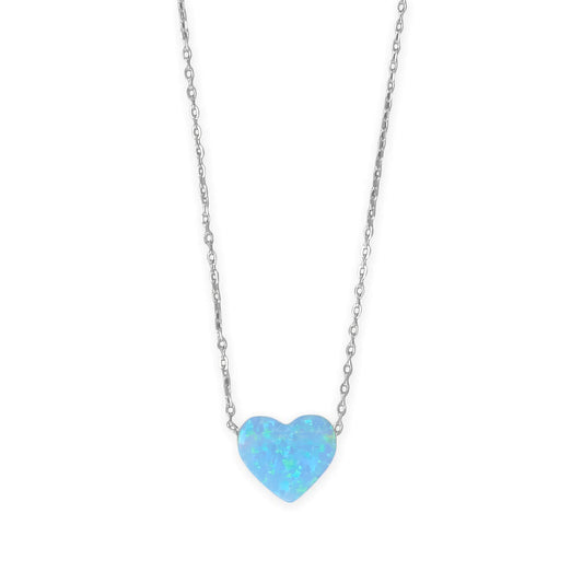 Opal Heart Necklace Rhodium 925 Sterling Silver Blue Synthetic 9mm 16+2