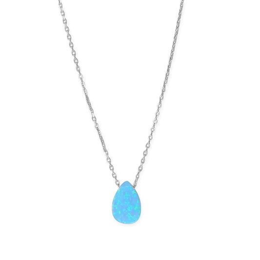 Opal Pear Drop Necklace Rhodium 925 Silver Blue Synthetic 9x12mm 16+2