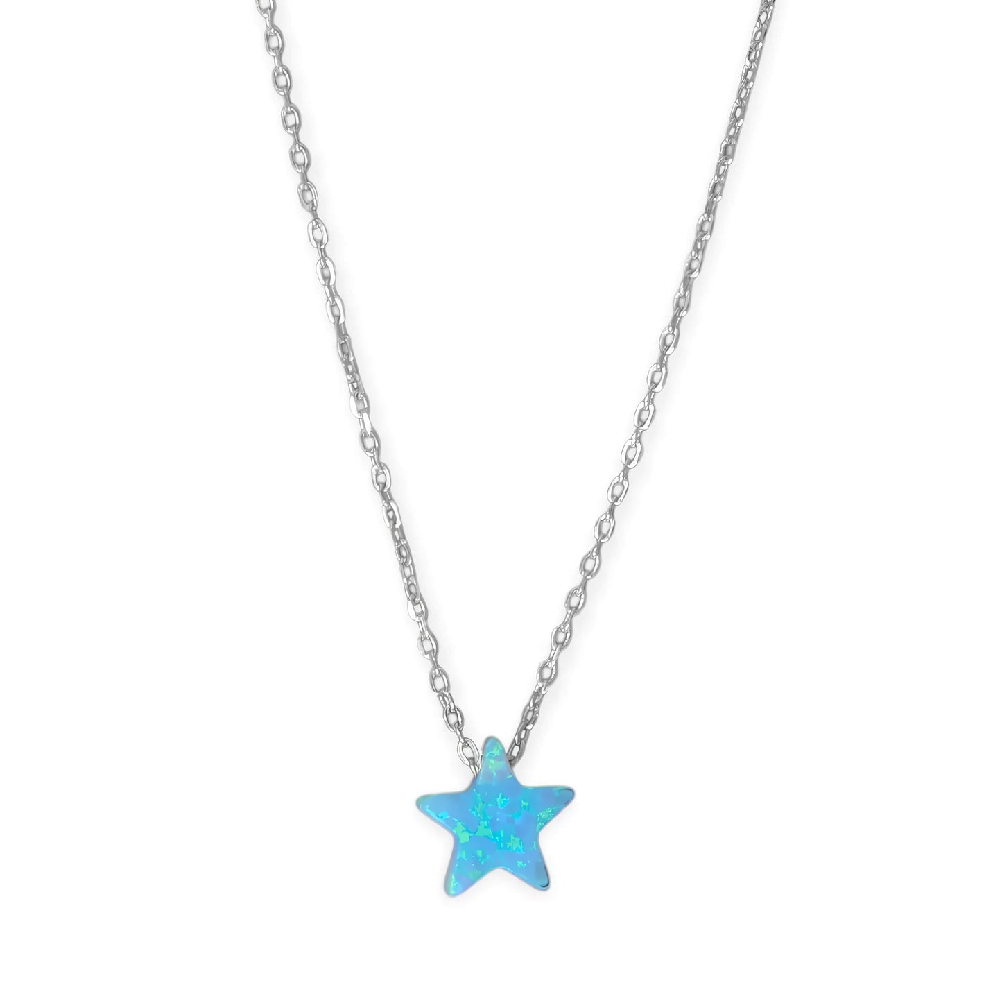 Opal Star Necklace Rhodium 925 Sterling Silver Blue Synthetic 8.5mm 16+2
