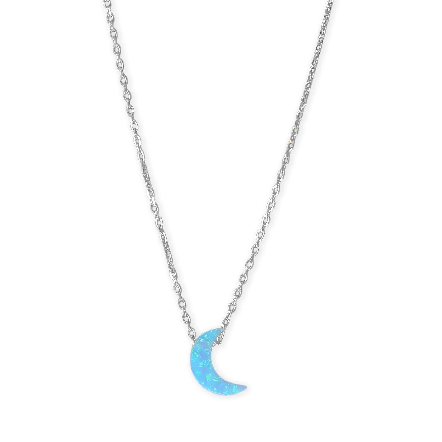 Opal Crescent Moon Necklace Rhodium 925 Silver Blue Synthetic 16+2