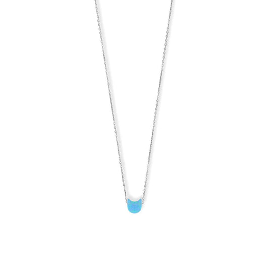 16" + 2" Rhodium Plated Synthetic Opal Kitty Cat Face Necklace