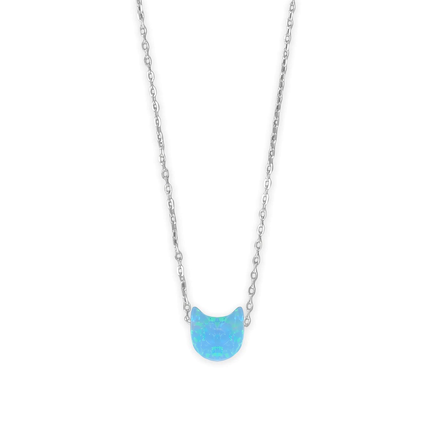 Opal Kitty Cat Necklace Rhodium 925 Silver Blue Synthetic 6.5mm 16+2
