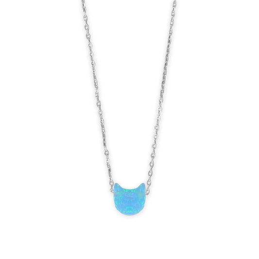 Opal Kitty Cat Necklace Rhodium 925 Silver Blue Synthetic 6.5mm 16+2