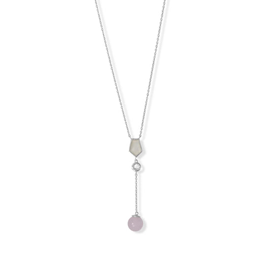 16" + 2" Rhodium Plated Mother of Pearl, Clear Quartz and Rose Quartz Necklace