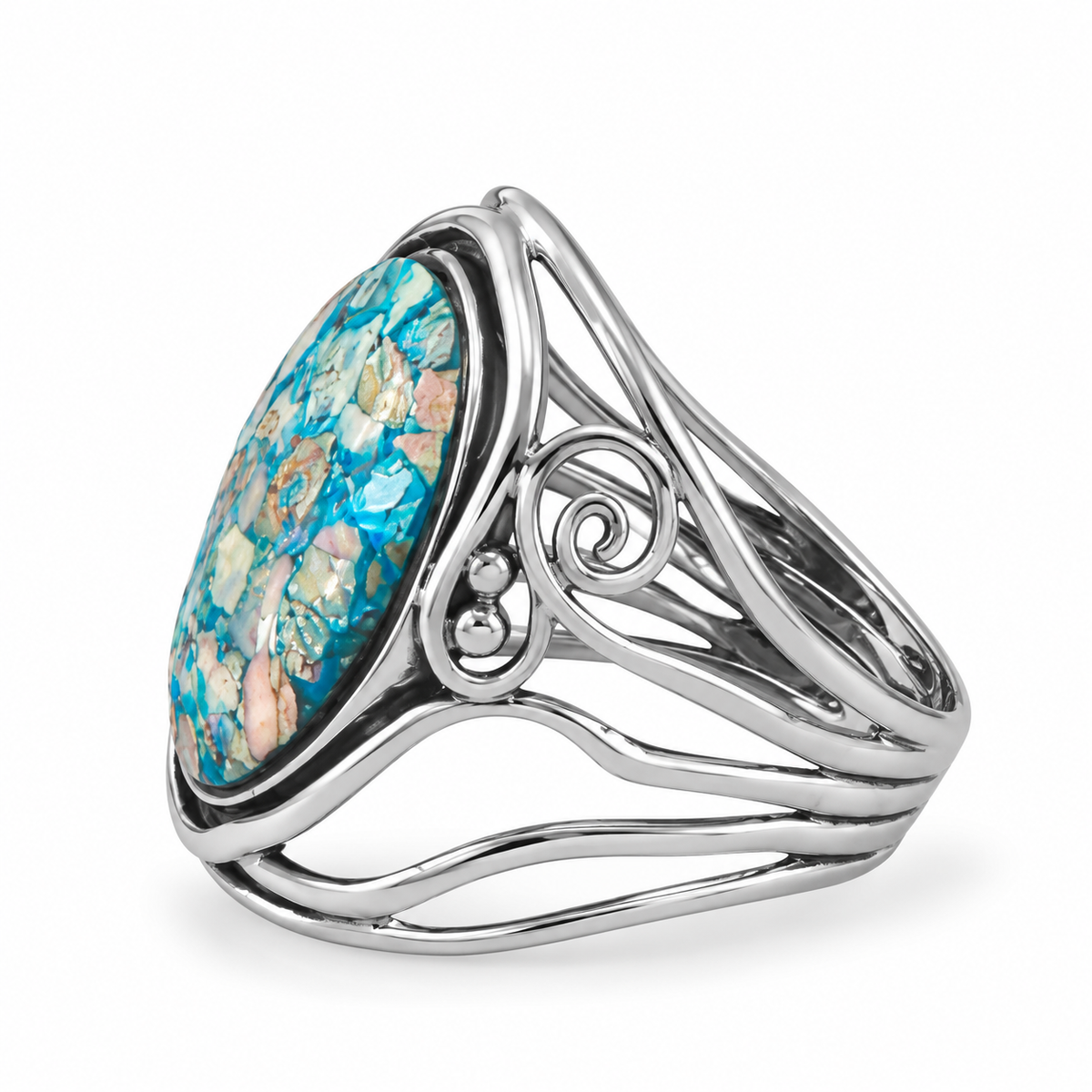 Roman Glass Cutout Swirl Ring Oxidized 925 Silver 17.5x13.5mm Sizes 7-10 w/ CoA