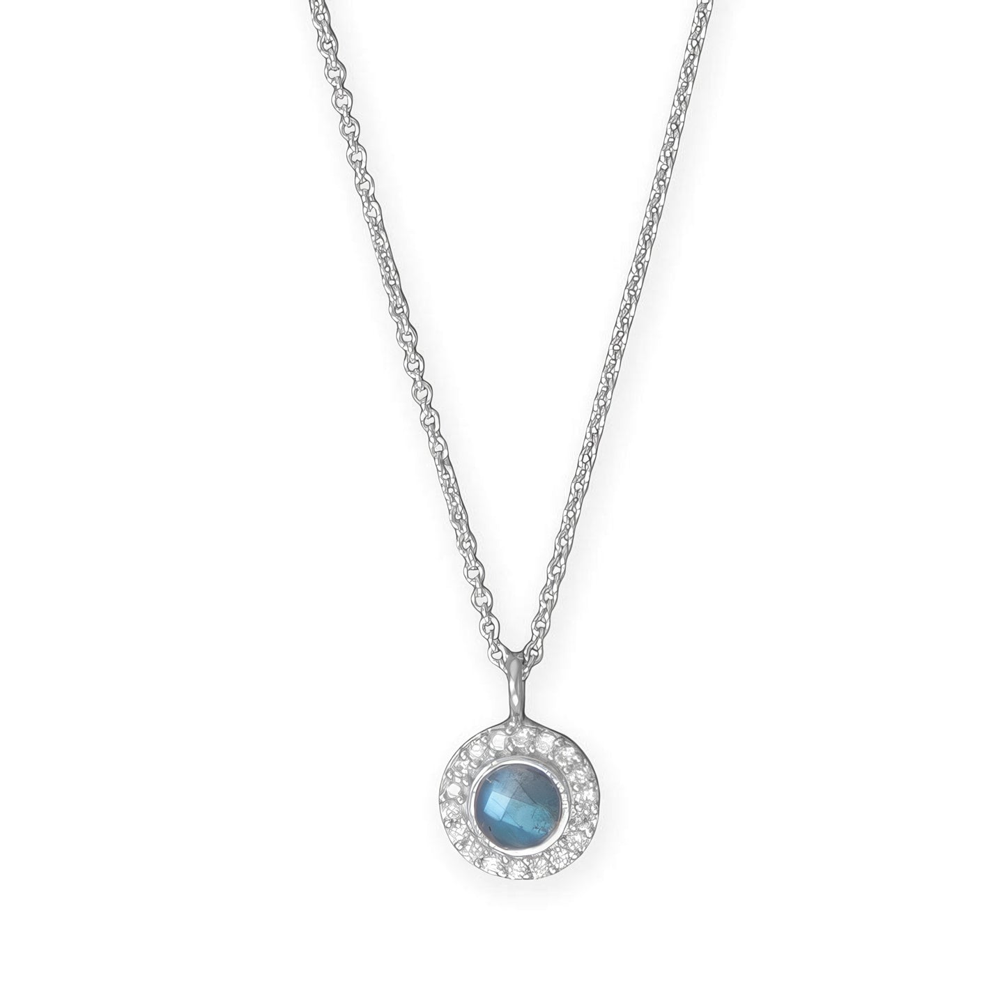 Luxe Rhodium Plated Sterling Silver Labradorite Necklace with CZ Halo Pendant, 16 Inch Chain with 2 Inch Extender, .925 Silver