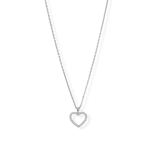 15" + 2" Rhodium Plated CZ Heart Necklace