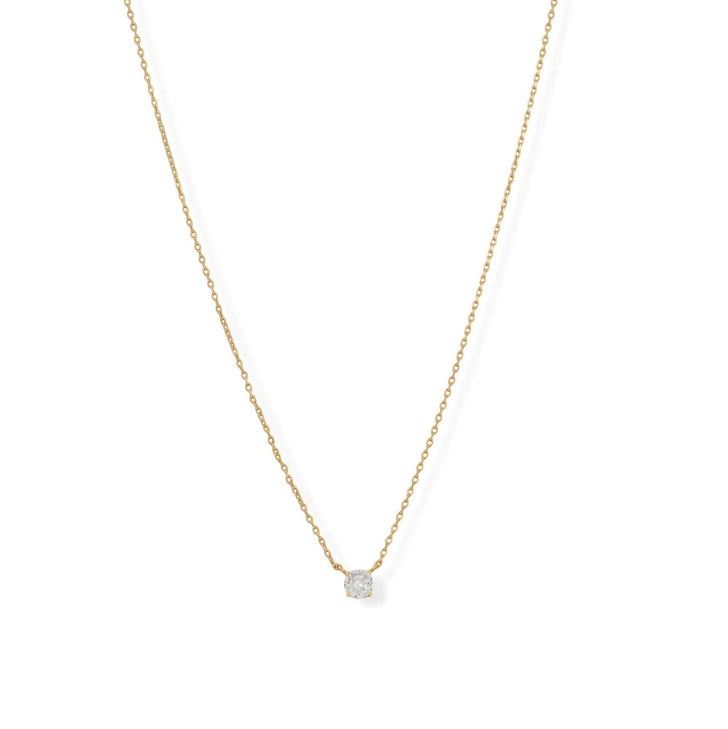 14 Karat Gold Plated Sterling Silver Chain Necklace with 5mm CZ Solitaire Pendant, 15 Inch with 2 Inch Extender