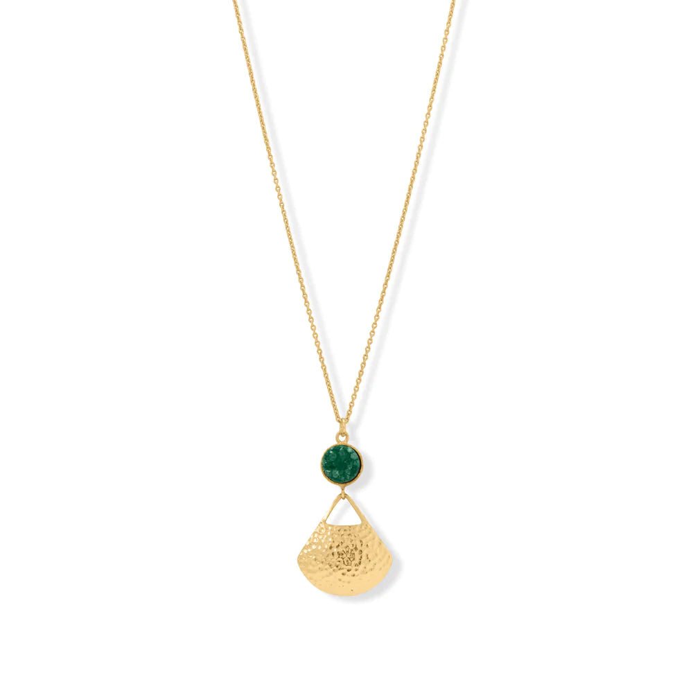 18" + 1" + 1" 14 Karat Gold Plated Green Druzy and Fan Necklace