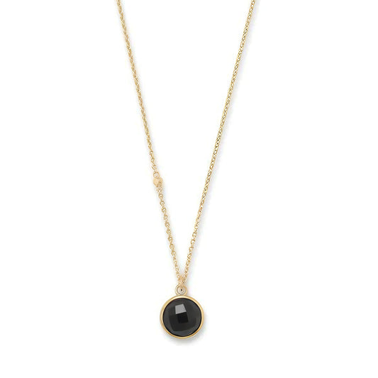 14 Karat Gold Plated Sterling Silver Black Onyx Pendant Necklace, 16 Inch Chain with 2 Inch Extender, 9.5mm Faceted Charm
