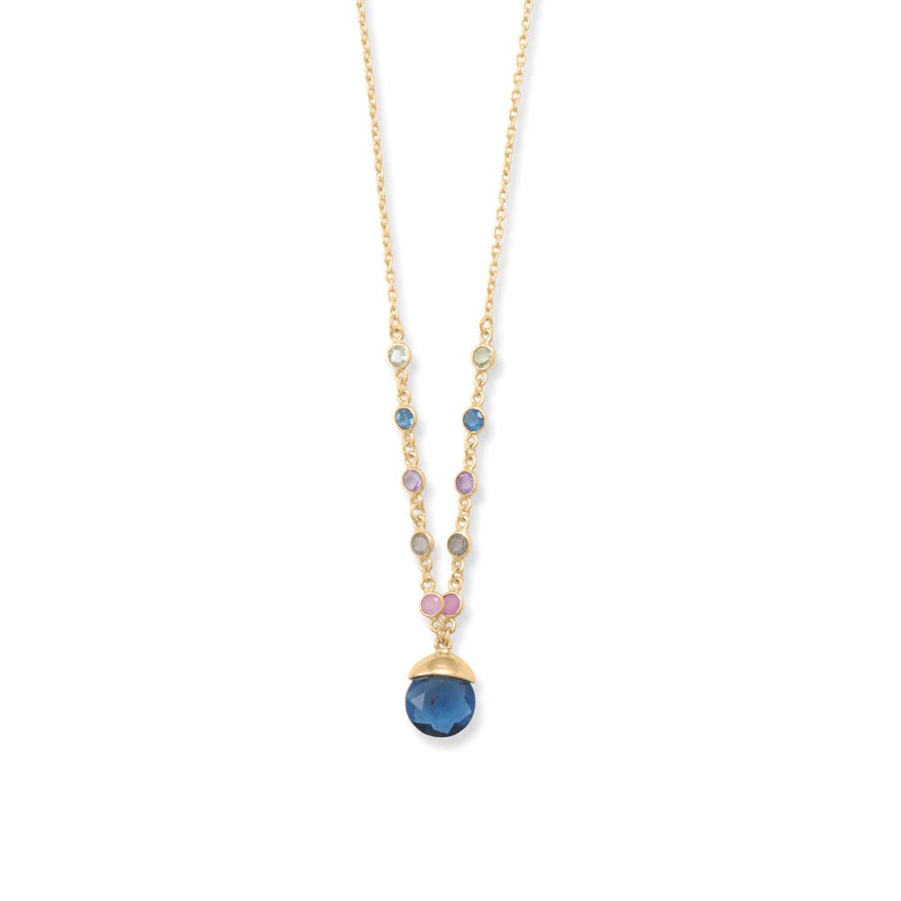 16" + 2" 14 Karat Gold Plated Blue Glass Drop Necklace