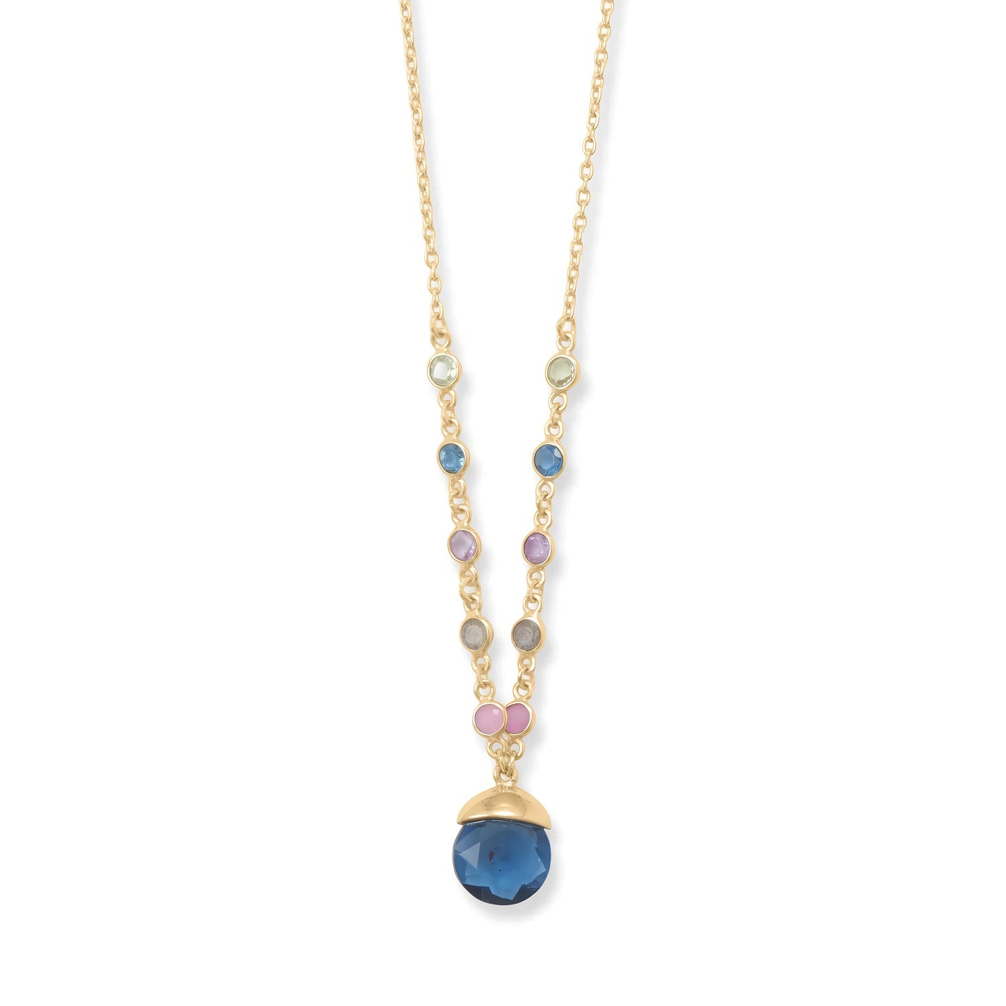 Blue Glass Drop Necklace 14K Gold Plated 925 Silver Multi Stone 16+2