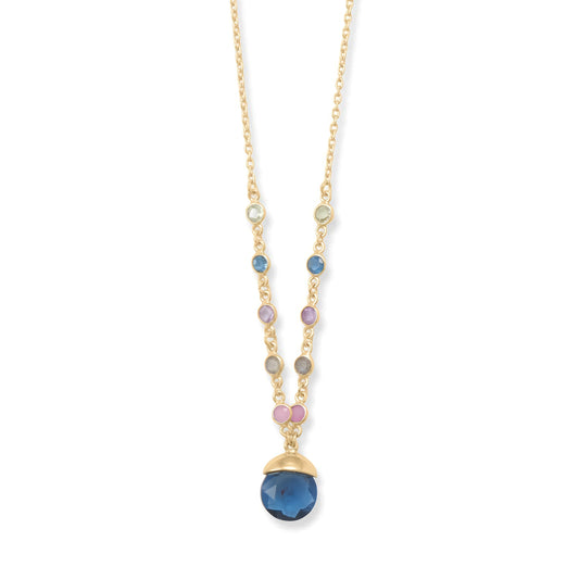 14 Karat Gold Plated Sterling Silver Glass Drop Necklace, Blue Multi-Gemstone Pendant with Prasiolite, Amethyst, Labradorite, Pink Chalcedony, 16 Inch Chain
