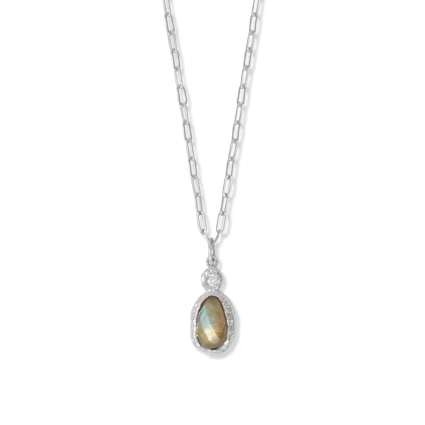 Labradorite CZ Drop Necklace Rhodium 925 Silver Paperclip 11mm 16+2
