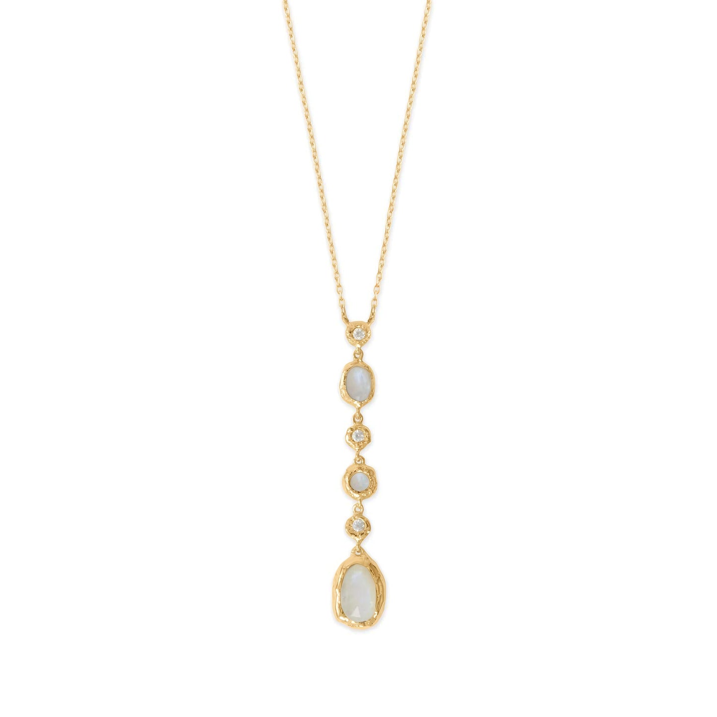 14 Karat Gold Plated Sterling Silver Rainbow Moonstone Drop Necklace, CZ Accents, 16 Inch Chain with 2 Inch Extender