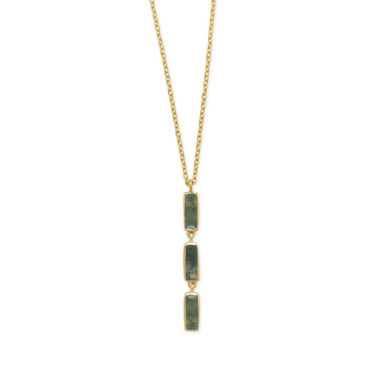 14 Karat Gold Plated Sterling Silver Moss Agate Drop Necklace, 18+2 Inch Chain Length, 1.5 Inch Drop, Baguette Cut Stone