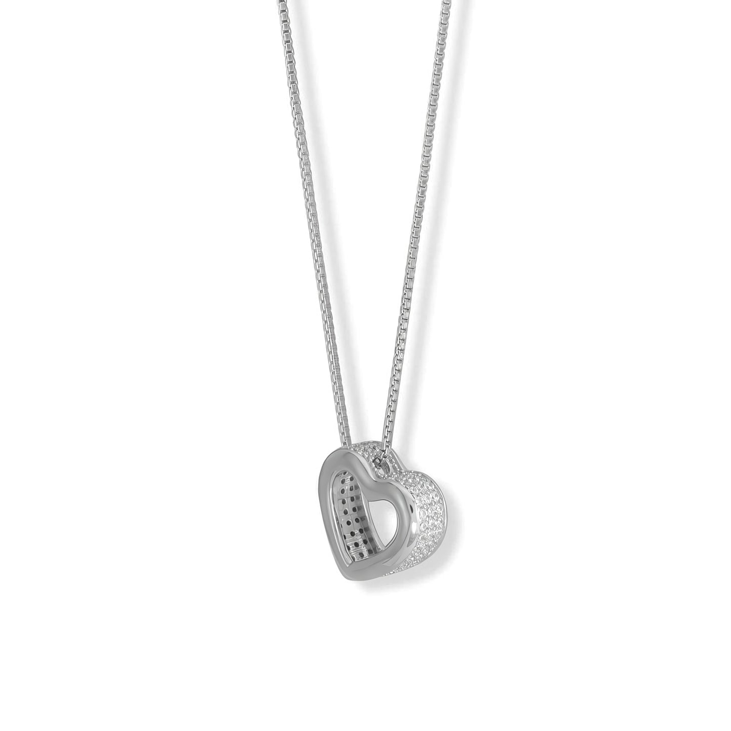 Sterling Silver Rhodium Plated Floating Heart Pendant Necklace, Pave  CZ, 16 Inch Chain with 2 Inch Extender, Spring Ring Closure