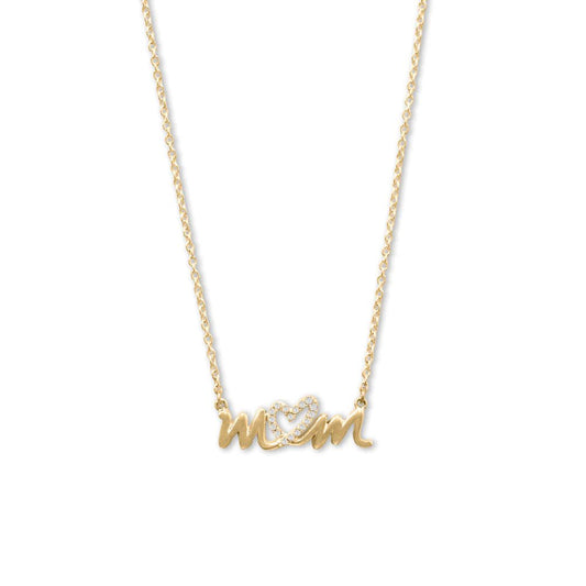 16" + 2" 14 Karat Gold Plated CZ Heart "mom" Necklace