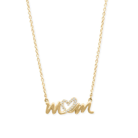 14 Karat Gold Plated Sterling Silver CZ Heart Mom Necklace, Pendant Chain with Spring Ring Closure, 16 Inch + 2 Inch Extension