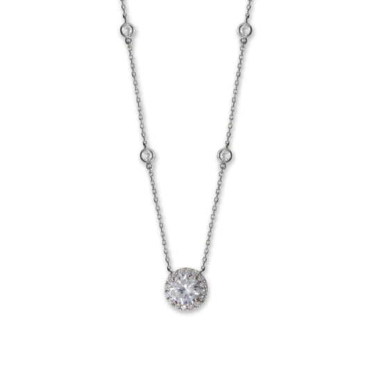 15" + 2" Rhodium Plated Halo CZ and Bezel CZ Necklace