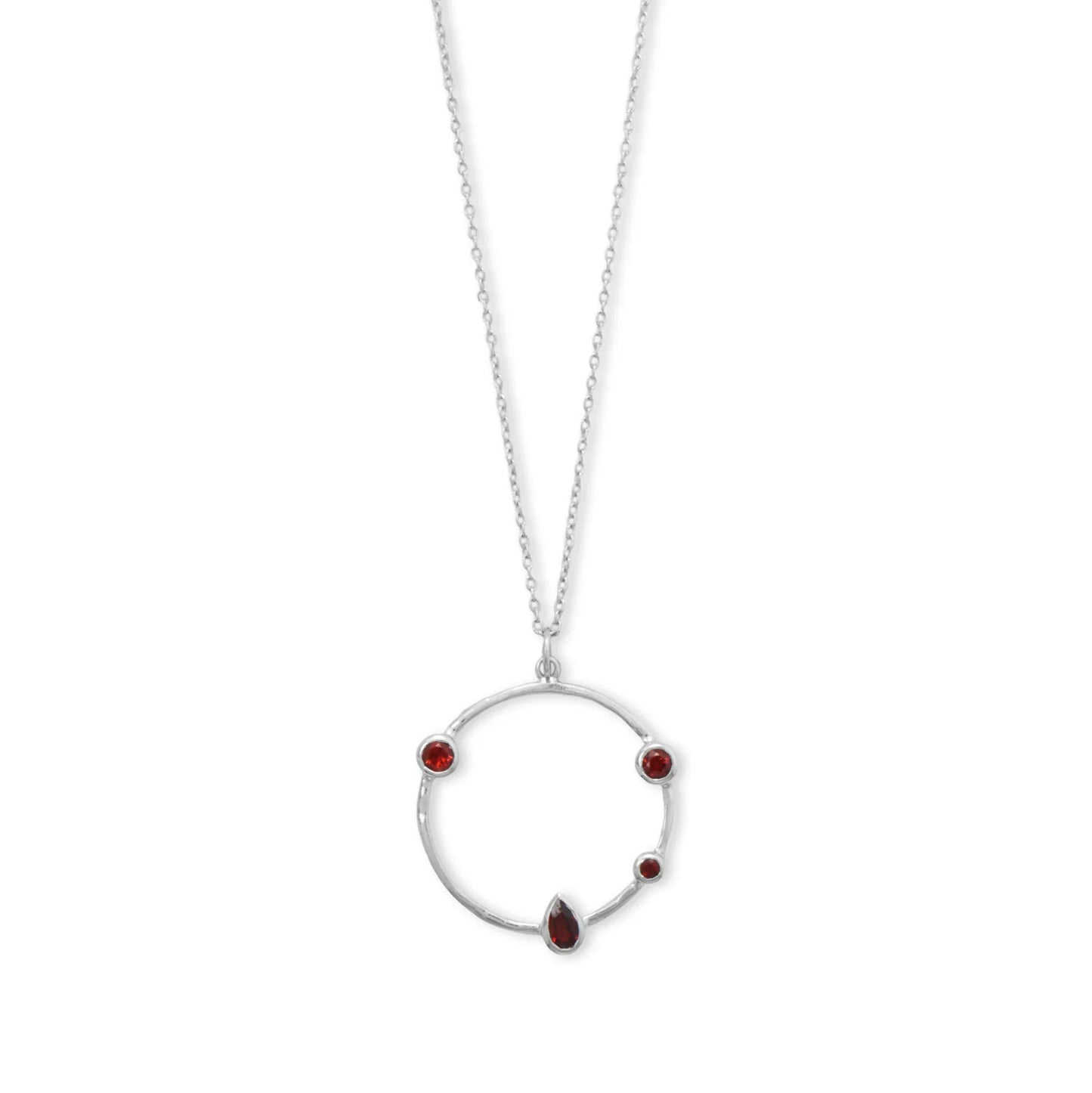 Garnet Hammered Circle Necklace Rhodium 925 Silver 25mm 16+2in Lobster Clasp