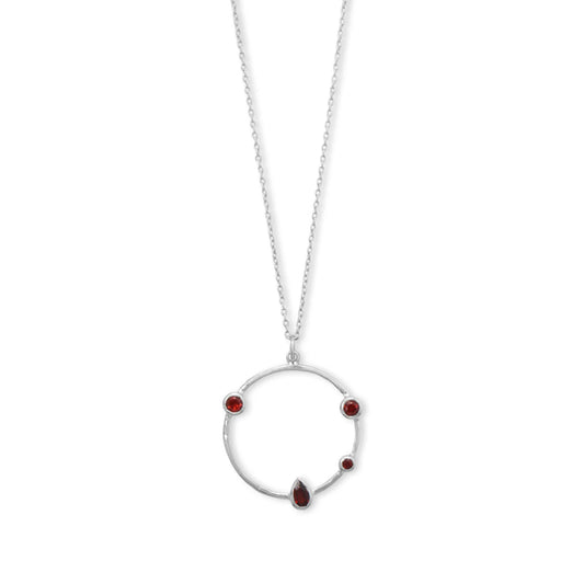 Garnet Hammered Circle Necklace Rhodium 925 Silver 25mm 16+2in Lobster Clasp