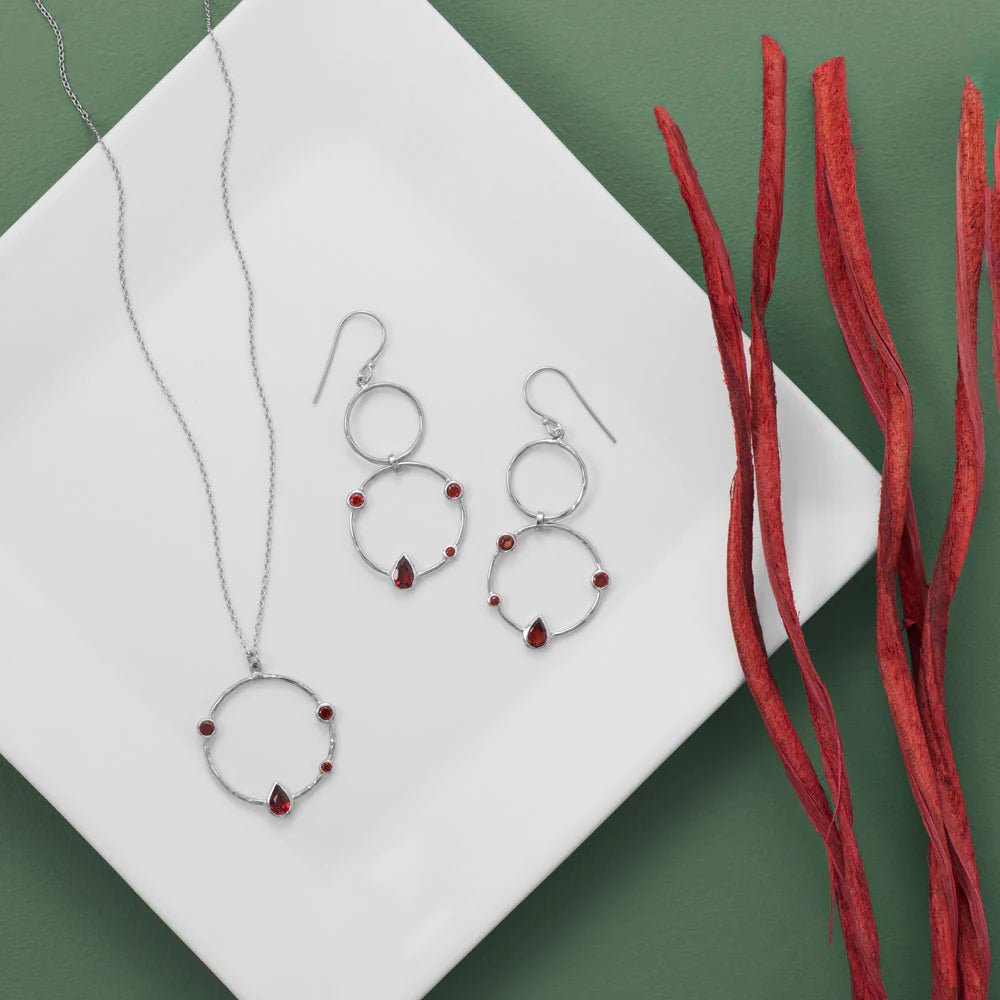 Hammered Circle Drop Earrings with Rhodium Plated Garnet Stones