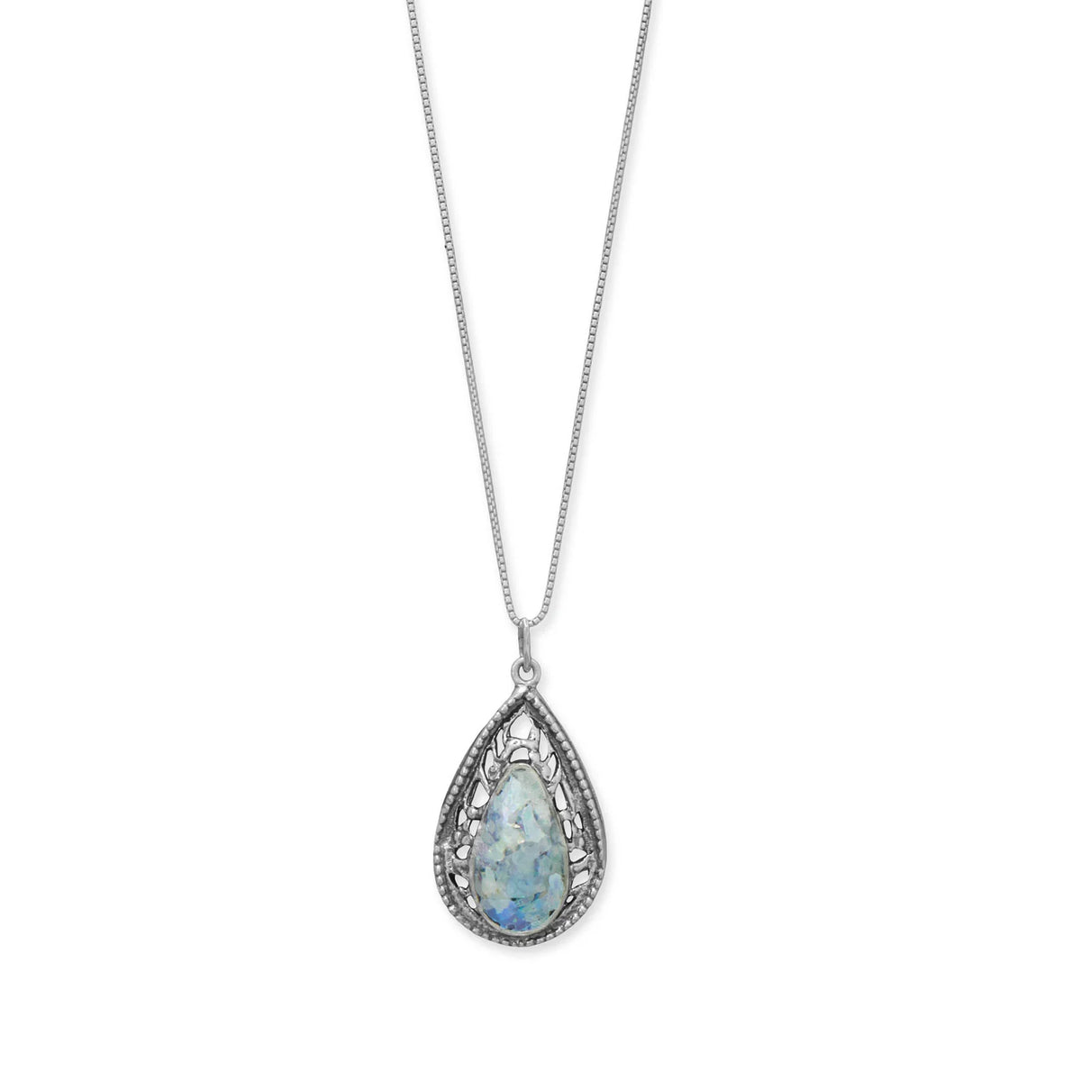 Roman Glass Pear Cutout Pendant Necklace Oxidized 925 Silver 18in Certificate