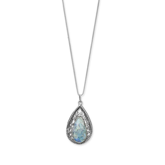 Roman Glass Pear Cutout Pendant Necklace Oxidized 925 Silver 18in Certificate