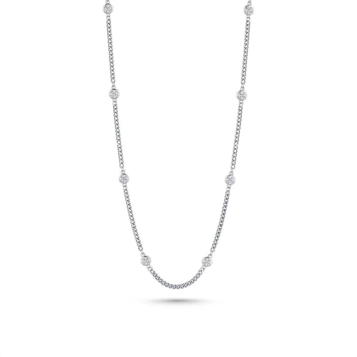 Bezel CZ Curb Chain Necklace Rhodium 925 Silver 3.5mm Full Set 16+2in