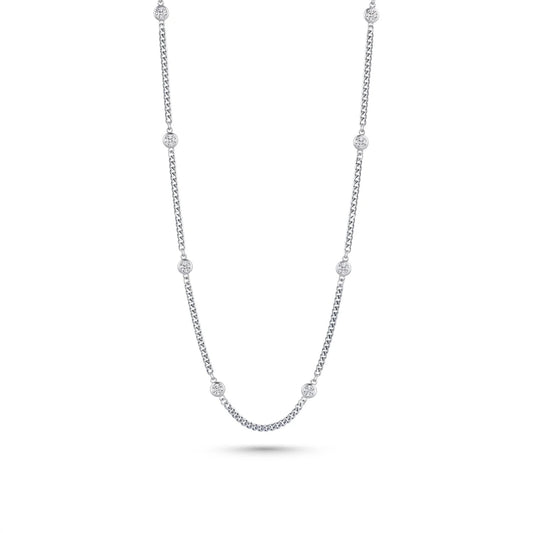 Bezel CZ Curb Chain Necklace Rhodium 925 Silver 3.5mm Full Set 16+2in