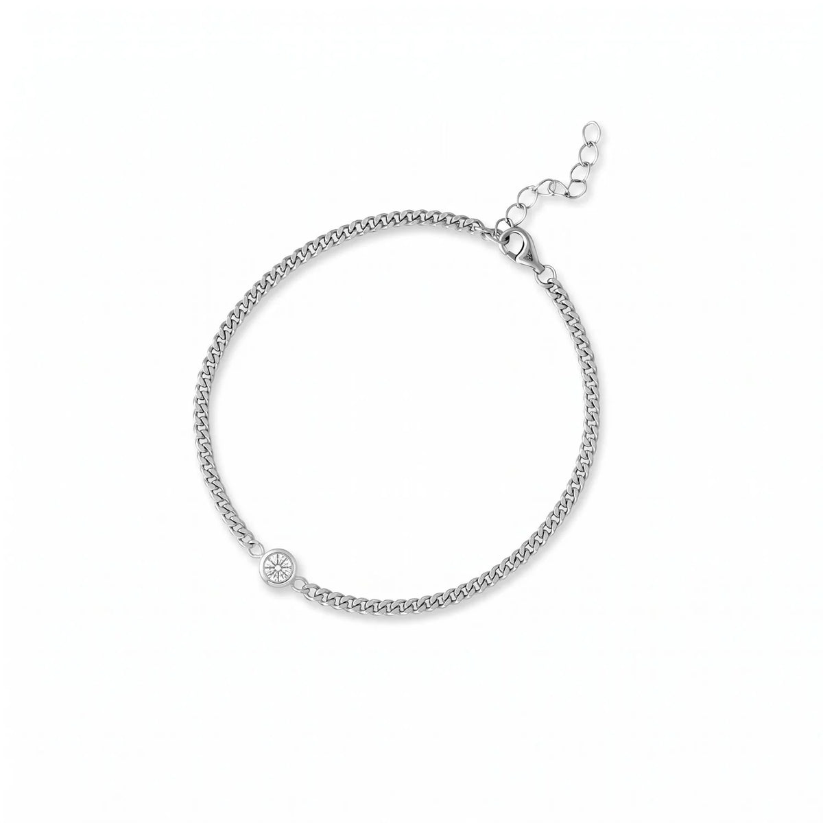 Bezel CZ Curb Chain Bracelet Rhodium Plated 925 Silver 3.5mm Lobster 6.5+1