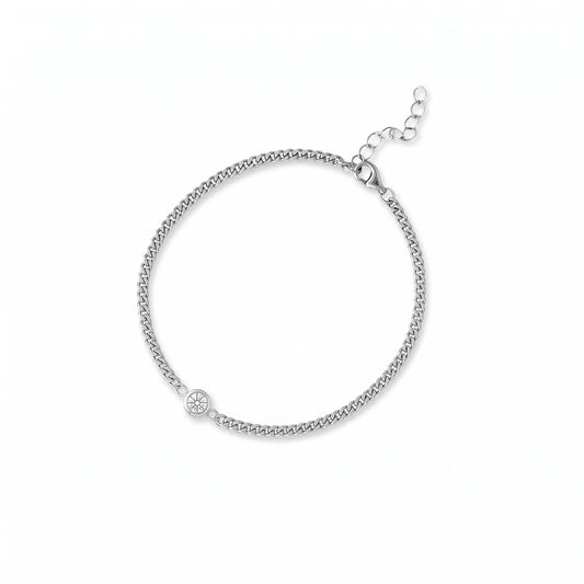 Bezel CZ Curb Chain Bracelet Rhodium Plated 925 Silver 3.5mm Lobster 6.5+1