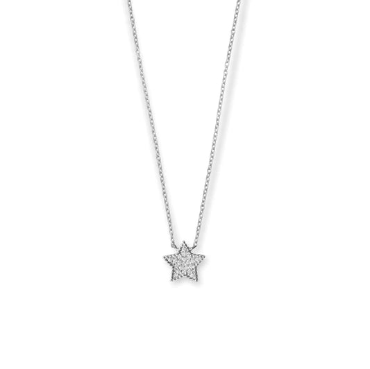 16" + 2" Rhodium Plated Pave CZ Star Necklace