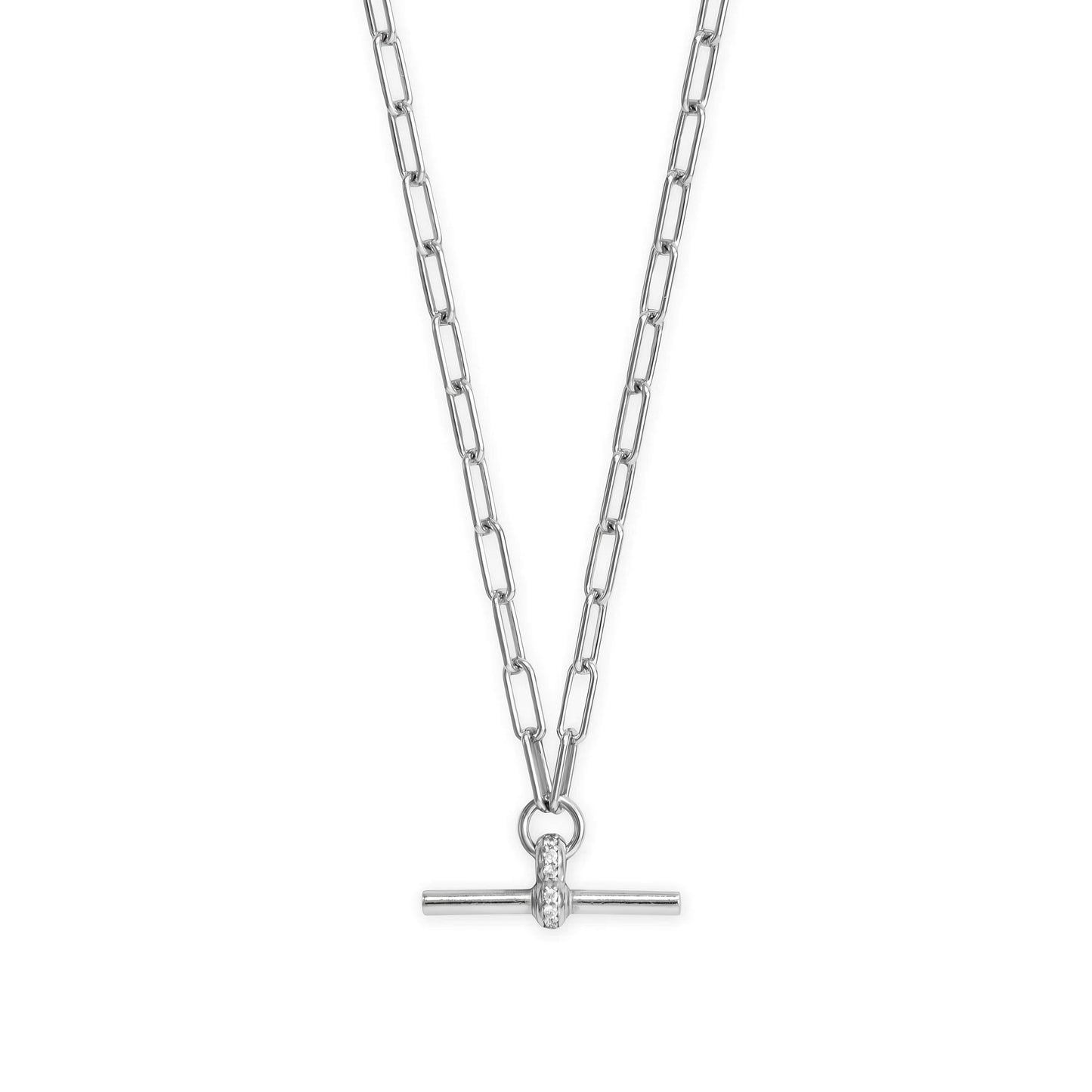 Sterling Silver CZ Decorated Toggle Bar Necklace, Rhodium Plated Paperclip Chain, 16+2 Inch, Italian Made
