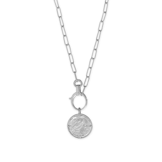 Owl Medallion Necklace Rhodium 925 Silver 25mm Removable Pendant 22in Italy