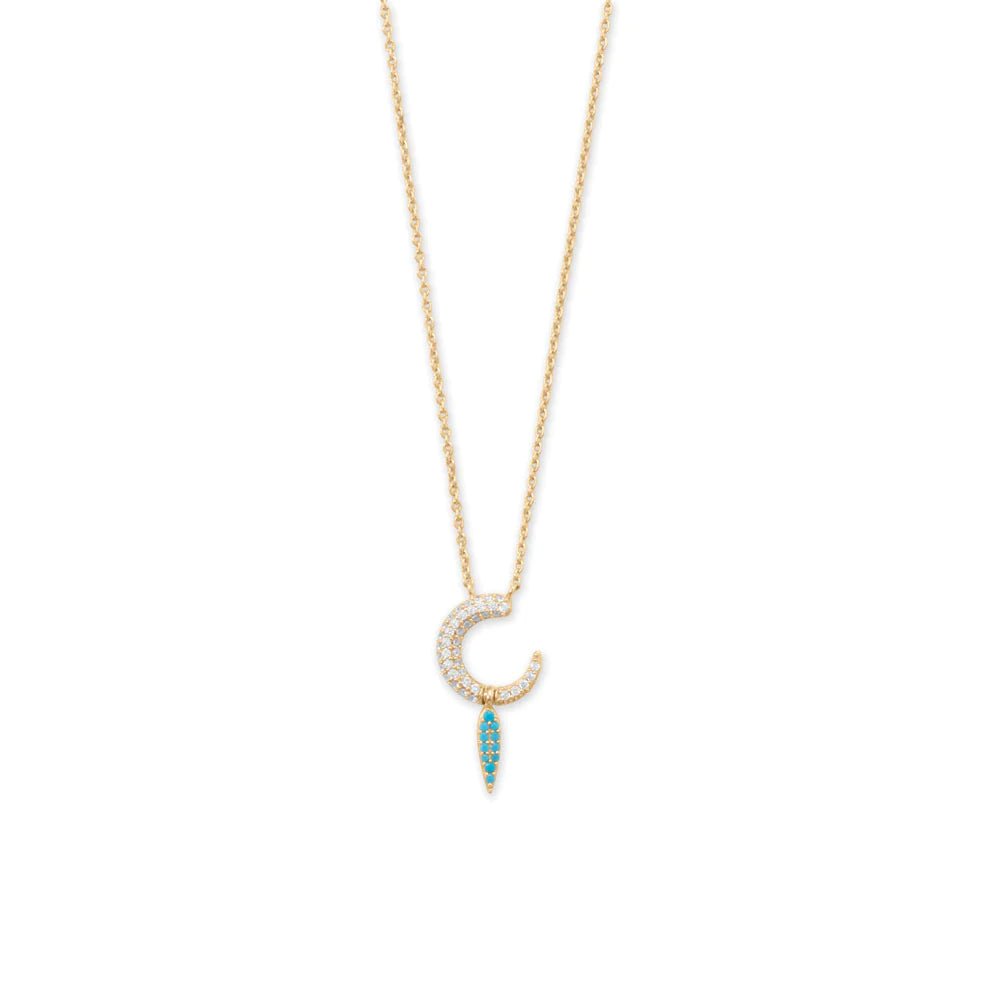 16" + 2" 14 Karat Gold Plated Synthetic Turquoise and CZ Crescent Drop Necklace