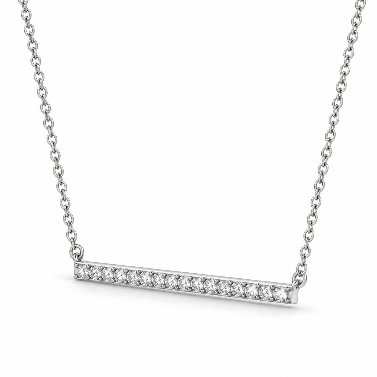CZ Bar Necklace Rhodium Plated 925 Sterling Silver 2x30mm Spring Ring 16+2in