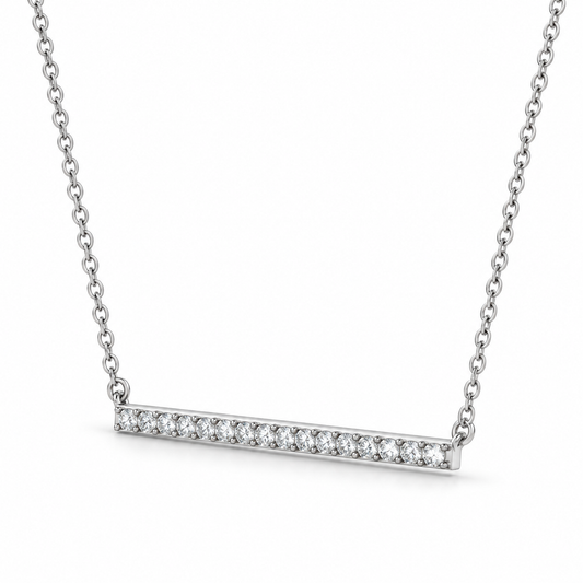CZ Bar Necklace Rhodium Plated 925 Sterling Silver 2x30mm Spring Ring 16+2in