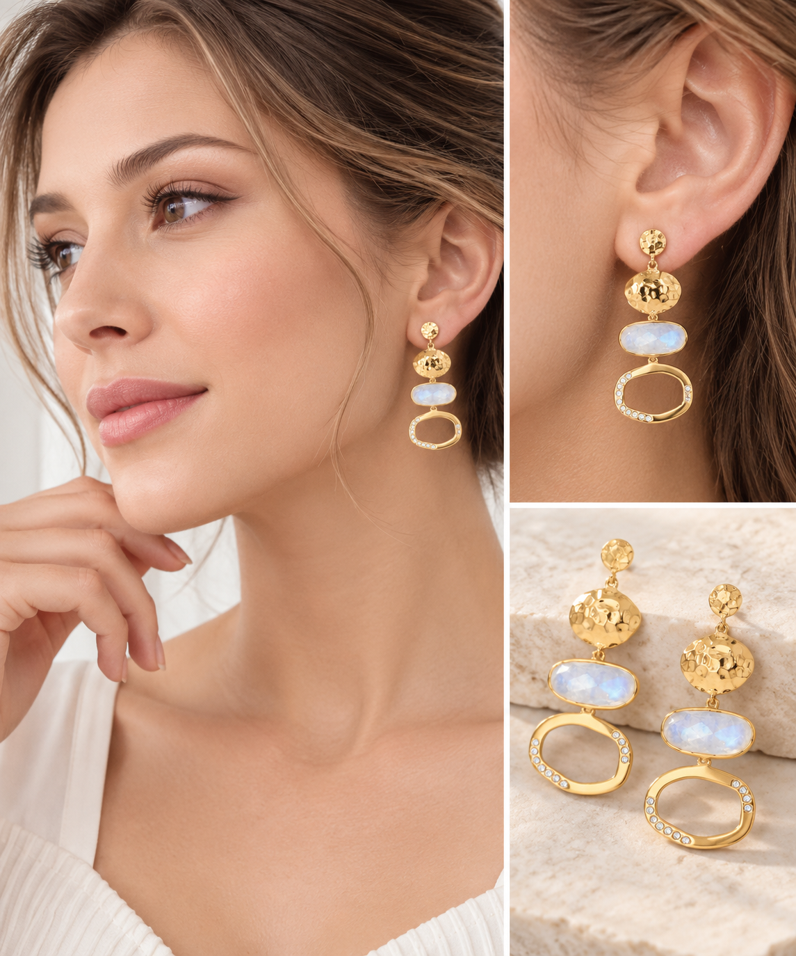 Rainbow Moonstone Statement Earrings 14K Gold Plated 925 Sterling Silver 41.5mm