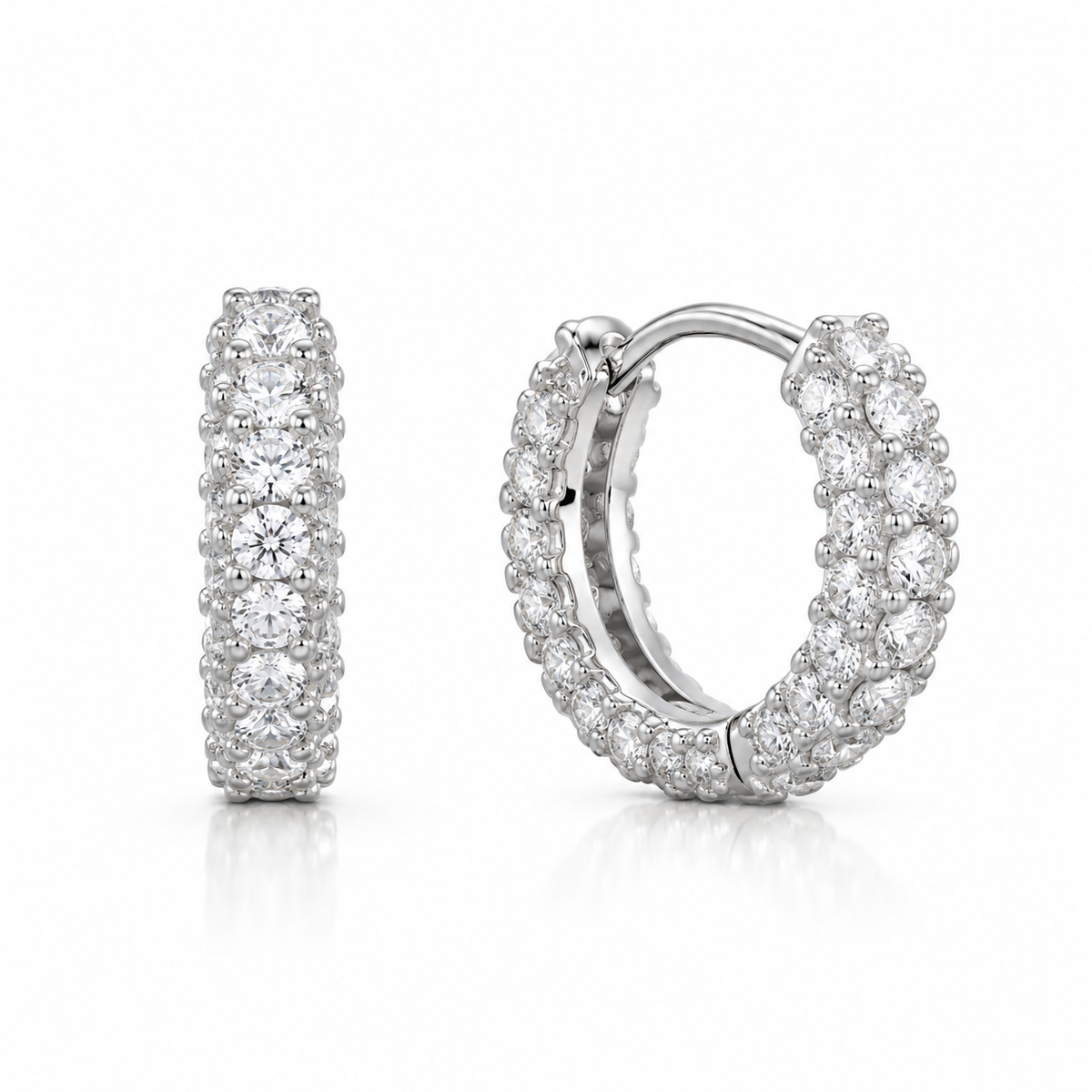 Pave CZ Click Hoop Earrings Rhodium Plated 925 Sterling Silver 3.4x14.5mm