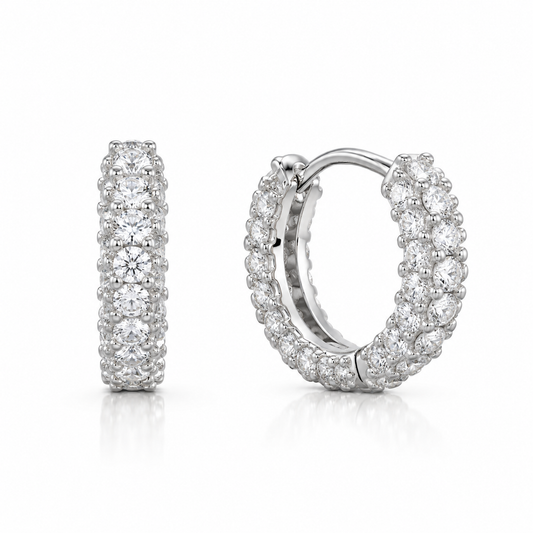 Pave CZ Click Hoop Earrings Rhodium Plated 925 Sterling Silver 3.4x14.5mm